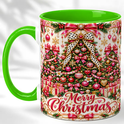 #pl[11oz|Green] Pink Christmas Tree Coffee Mug, Holiday Bow Mug, Ceramic Cup