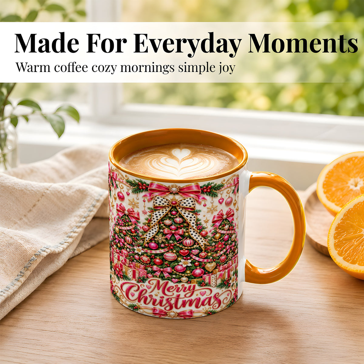 #pl[11oz|Orange] Pink Christmas Tree Coffee Mug, Holiday Bow Mug, Ceramic Cup