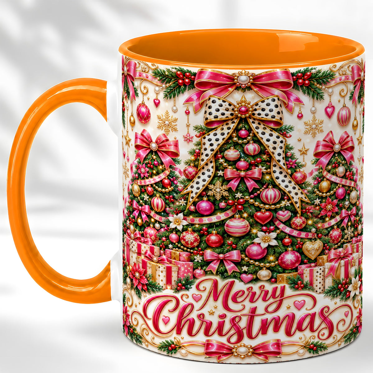 #pl[11oz|Orange] Pink Christmas Tree Coffee Mug, Holiday Bow Mug, Ceramic Cup