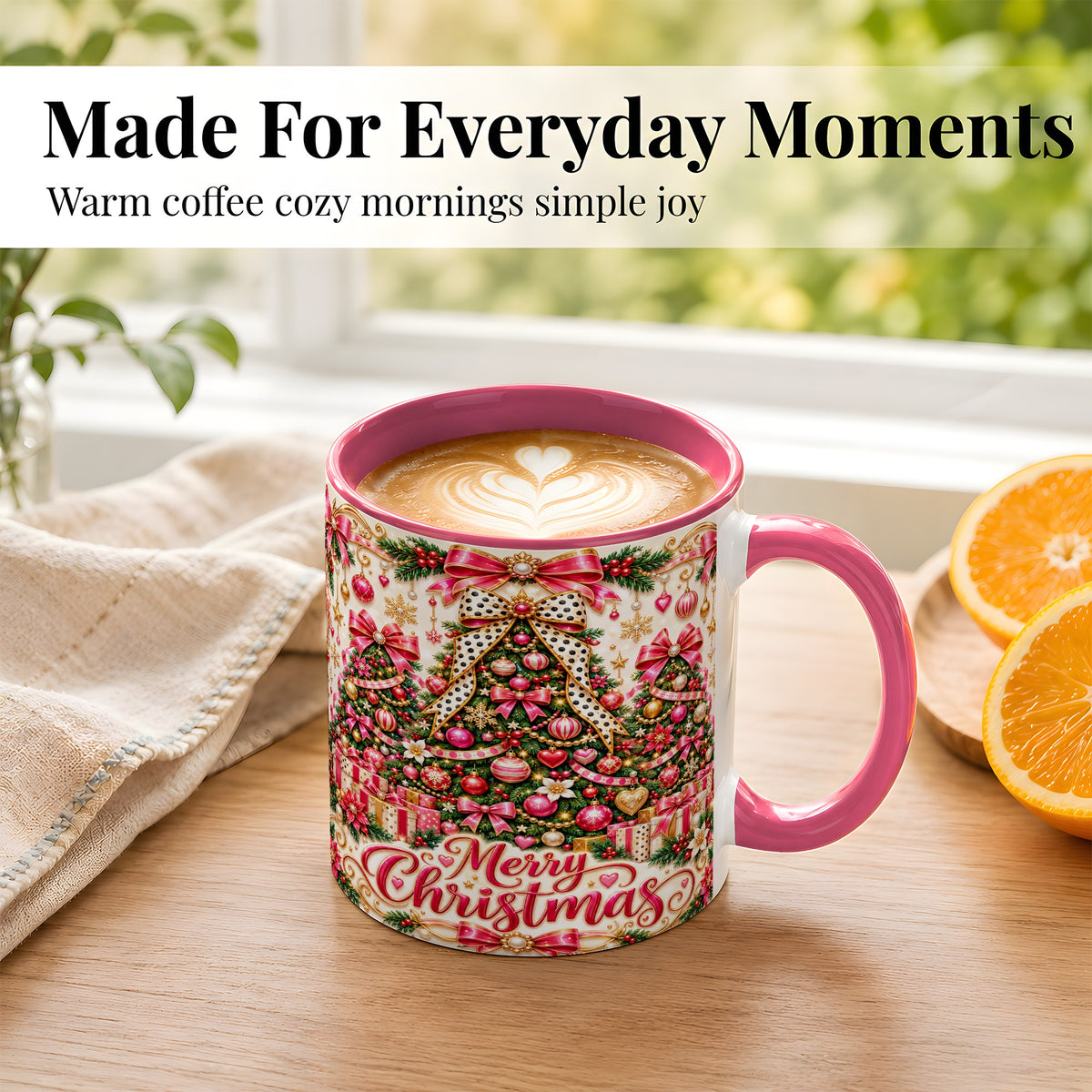 #pl[11oz|Pink] Pink Christmas Tree Coffee Mug, Holiday Bow Mug, Ceramic Cup