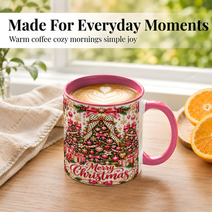 #pl[11oz|Pink] Pink Christmas Tree Coffee Mug, Holiday Bow Mug, Ceramic Cup