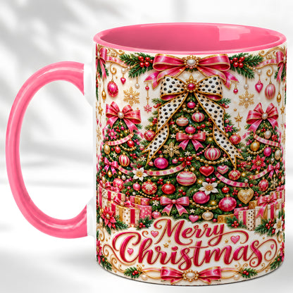 #pl[11oz|Pink] Pink Christmas Tree Coffee Mug, Holiday Bow Mug, Ceramic Cup