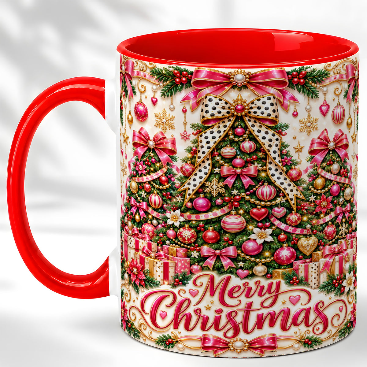 Pink Christmas Tree Coffee Mug, Holiday Bow Mug, Ceramic Cup