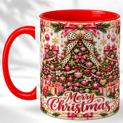 Pink Christmas Tree Coffee Mug, Holiday Bow Mug, Ceramic Cup