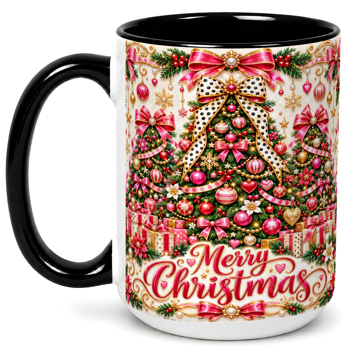#pl[15oz|Black] Pink Christmas Tree Coffee Mug, Holiday Bow Mug, Ceramic Cup