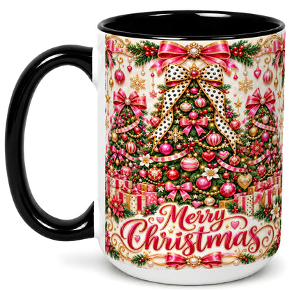 #pl[15oz|Black] Pink Christmas Tree Coffee Mug, Holiday Bow Mug, Ceramic Cup