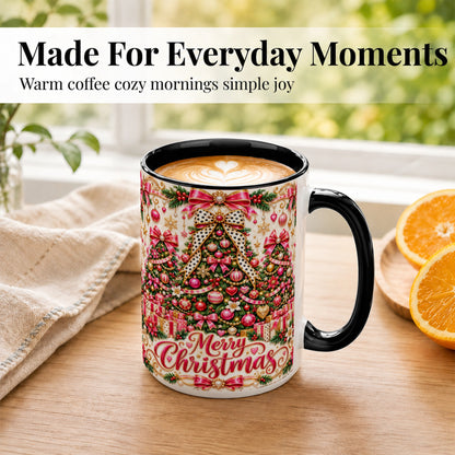 #pl[15oz|Black] Pink Christmas Tree Coffee Mug, Holiday Bow Mug, Ceramic Cup