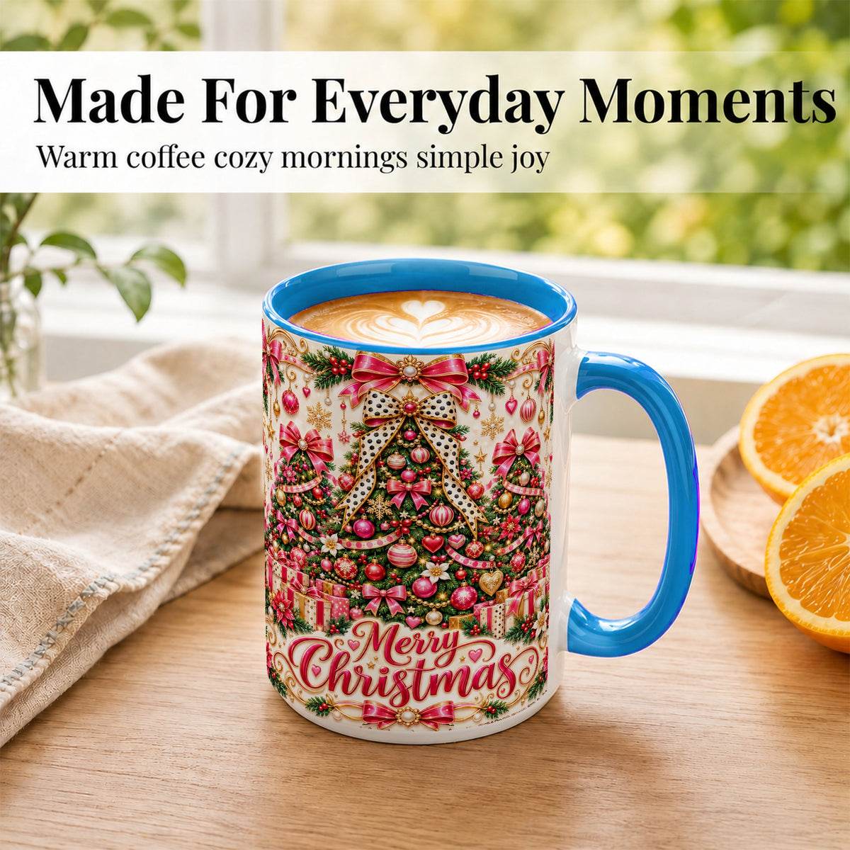 #pl[15oz|Blue] Pink Christmas Tree Coffee Mug, Holiday Bow Mug, Ceramic Cup