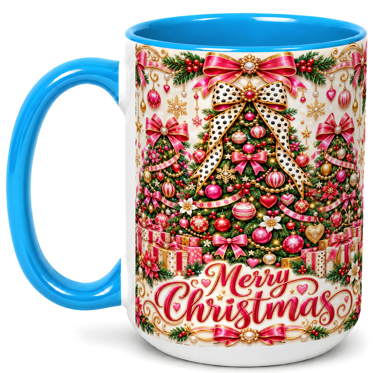 #pl[15oz|Blue] Pink Christmas Tree Coffee Mug, Holiday Bow Mug, Ceramic Cup