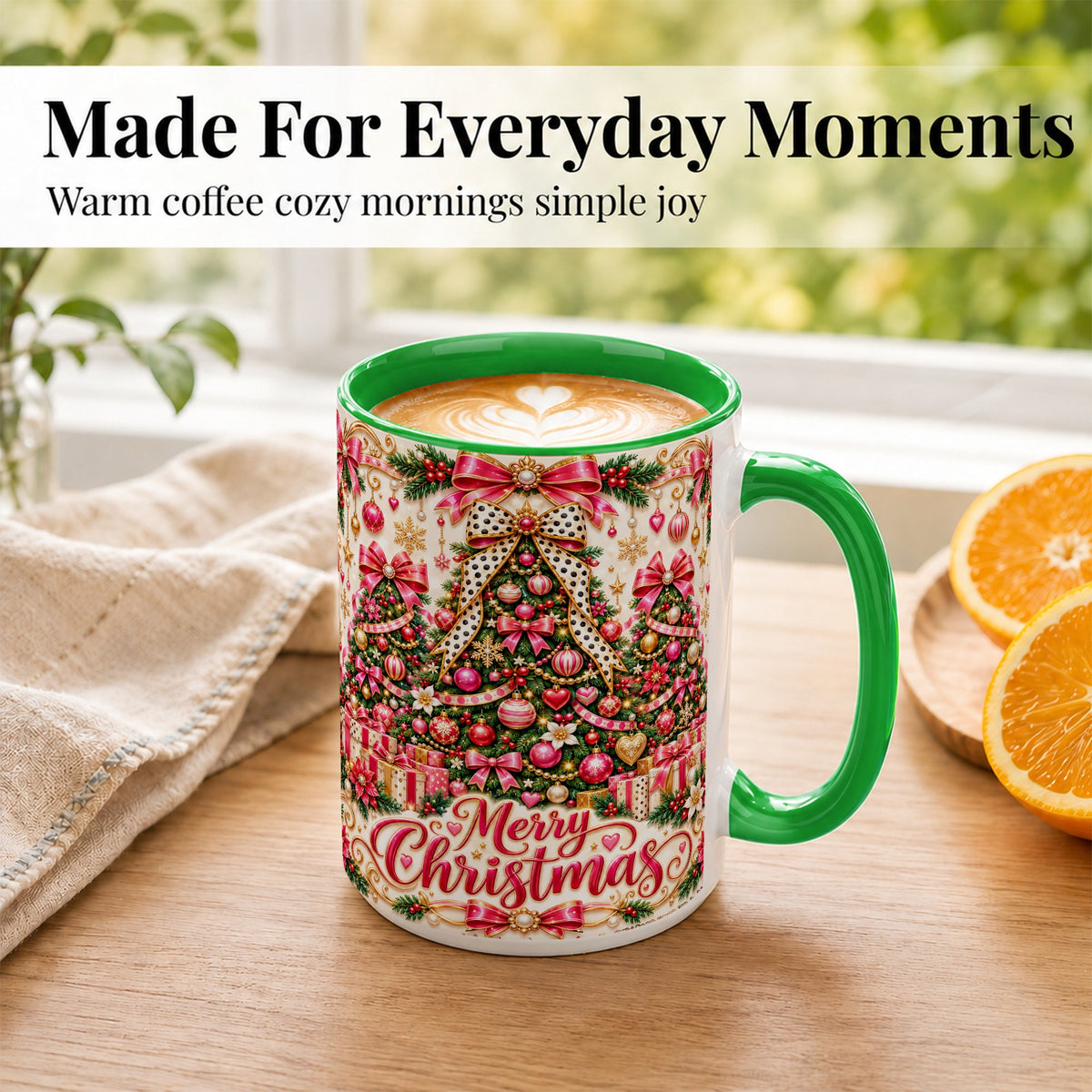 #pl[15oz|Green] Pink Christmas Tree Coffee Mug, Holiday Bow Mug, Ceramic Cup