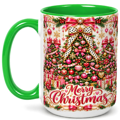#pl[15oz|Green] Pink Christmas Tree Coffee Mug, Holiday Bow Mug, Ceramic Cup