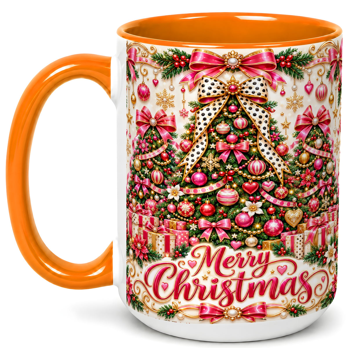 #pl[15oz|Orange] Pink Christmas Tree Coffee Mug, Holiday Bow Mug, Ceramic Cup