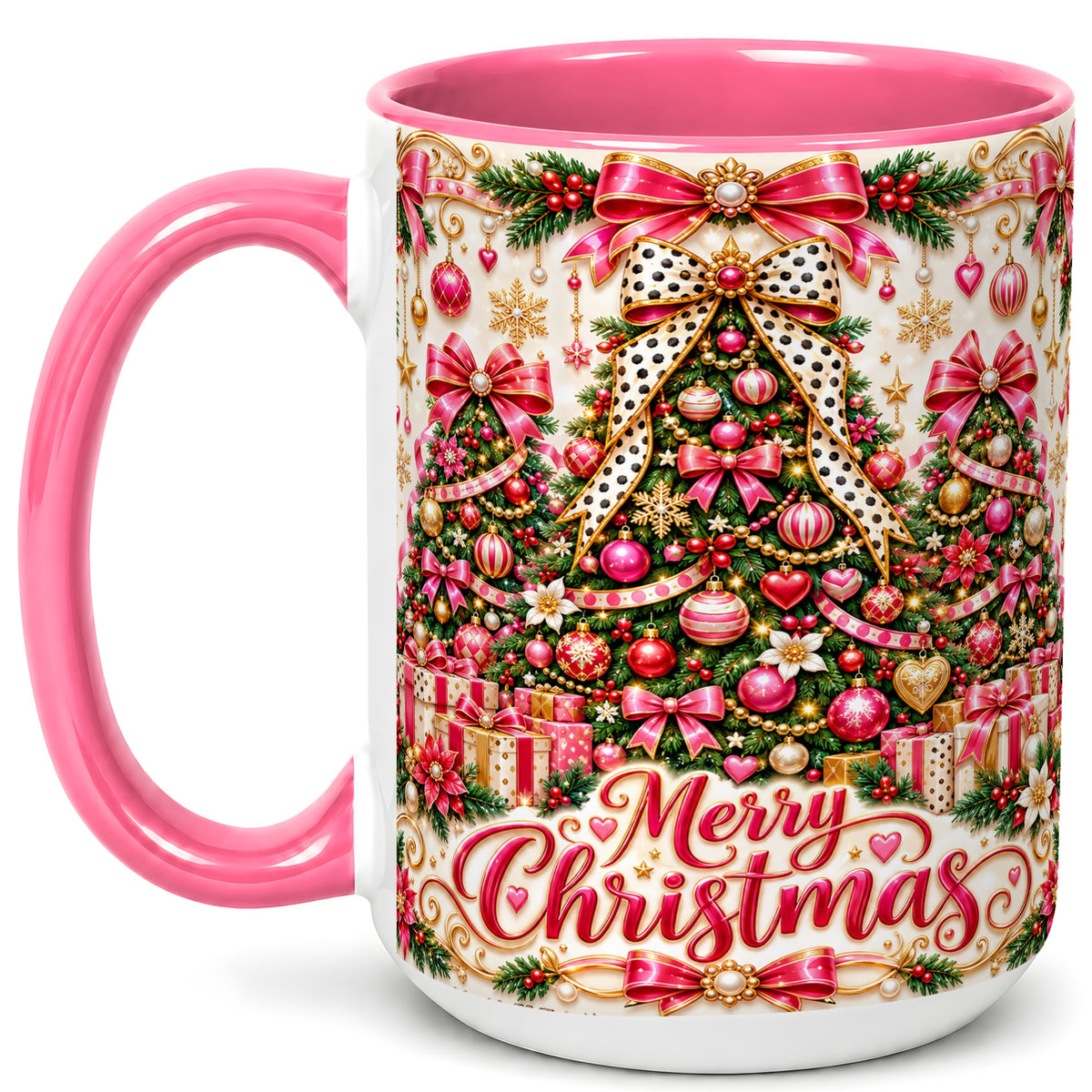 #pl[15oz|Pink] Pink Christmas Tree Coffee Mug, Holiday Bow Mug, Ceramic Cup