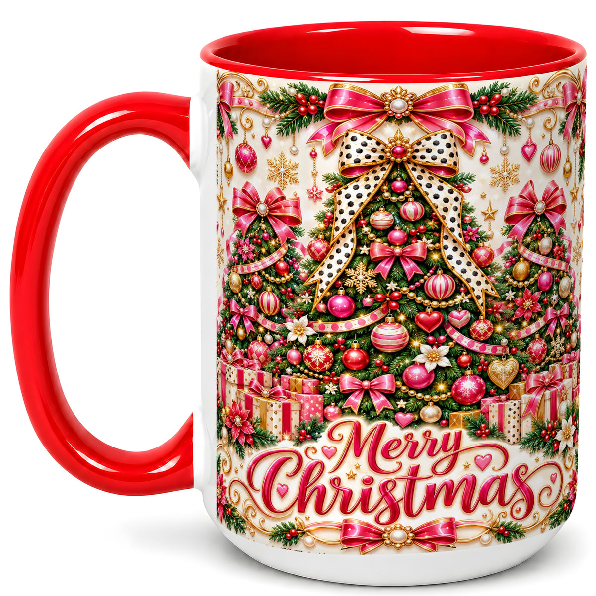 #pl[15oz|Red] Pink Christmas Tree Coffee Mug, Holiday Bow Mug, Ceramic Cup