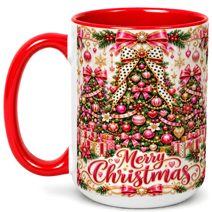 #pl[15oz|Red] Pink Christmas Tree Coffee Mug, Holiday Bow Mug, Ceramic Cup