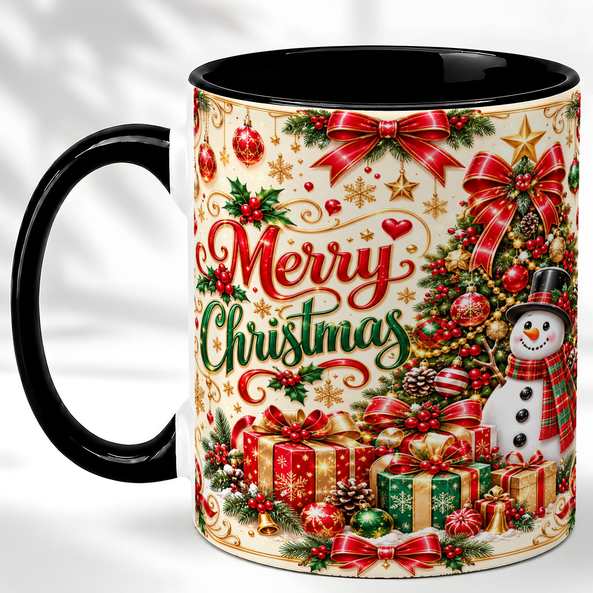 #pl[11oz|Black] Snowman Christmas Coffee Mug, Festive Holiday Mug, Ceramic Cup