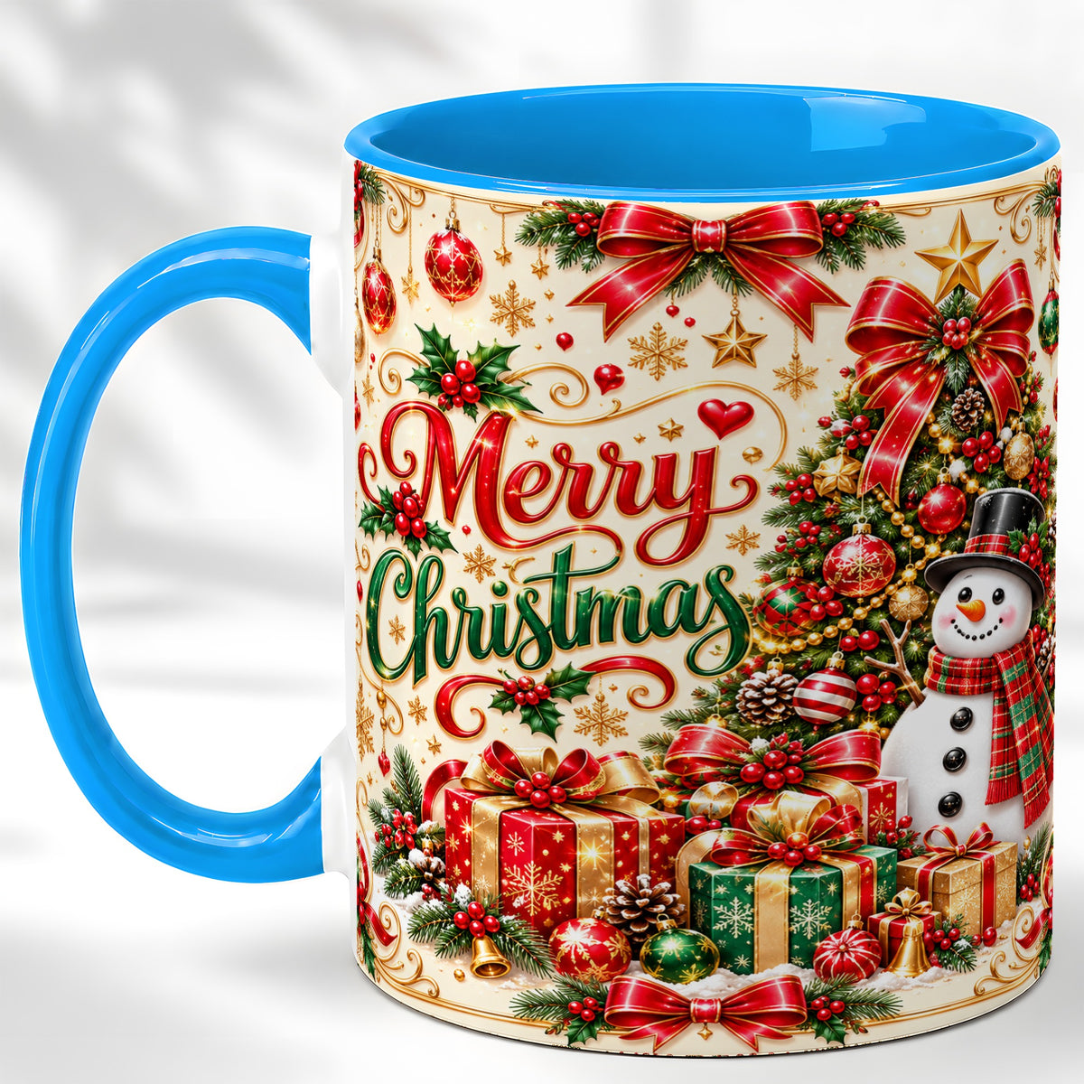 #pl[11oz|Blue] Snowman Christmas Coffee Mug, Festive Holiday Mug, Ceramic Cup