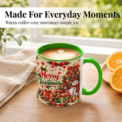 #pl[11oz|Green] Snowman Christmas Coffee Mug, Festive Holiday Mug, Ceramic Cup