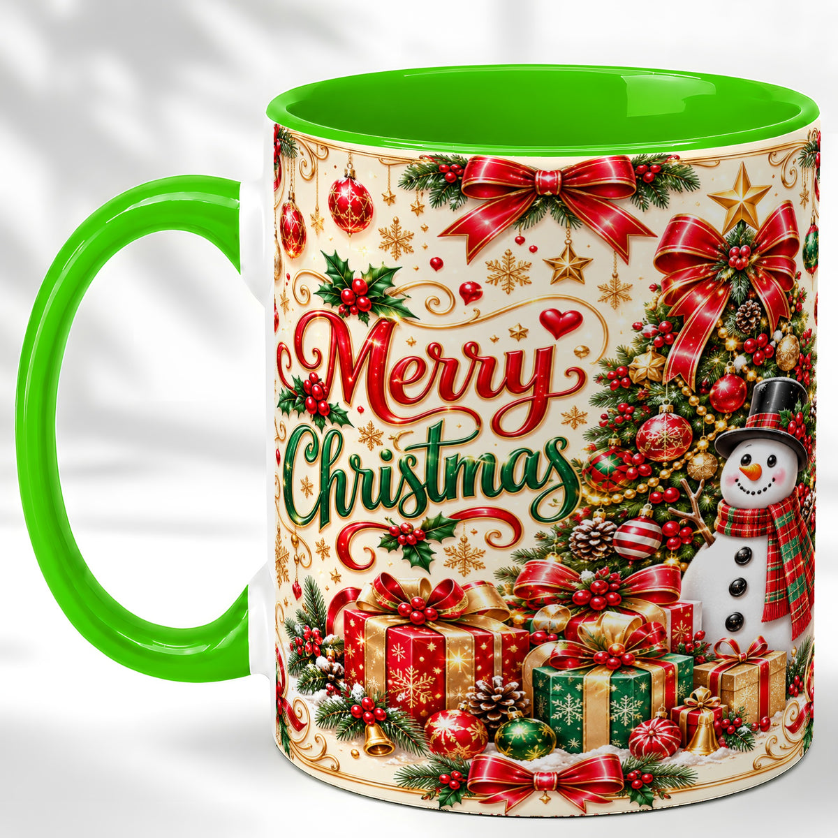 #pl[11oz|Green] Snowman Christmas Coffee Mug, Festive Holiday Mug, Ceramic Cup