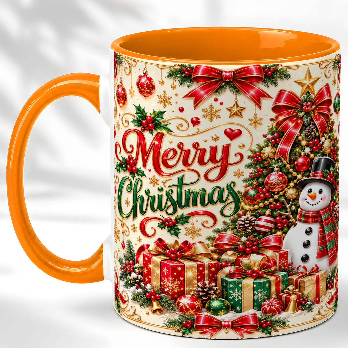 #pl[11oz|Orange] Snowman Christmas Coffee Mug, Festive Holiday Mug, Ceramic Cup