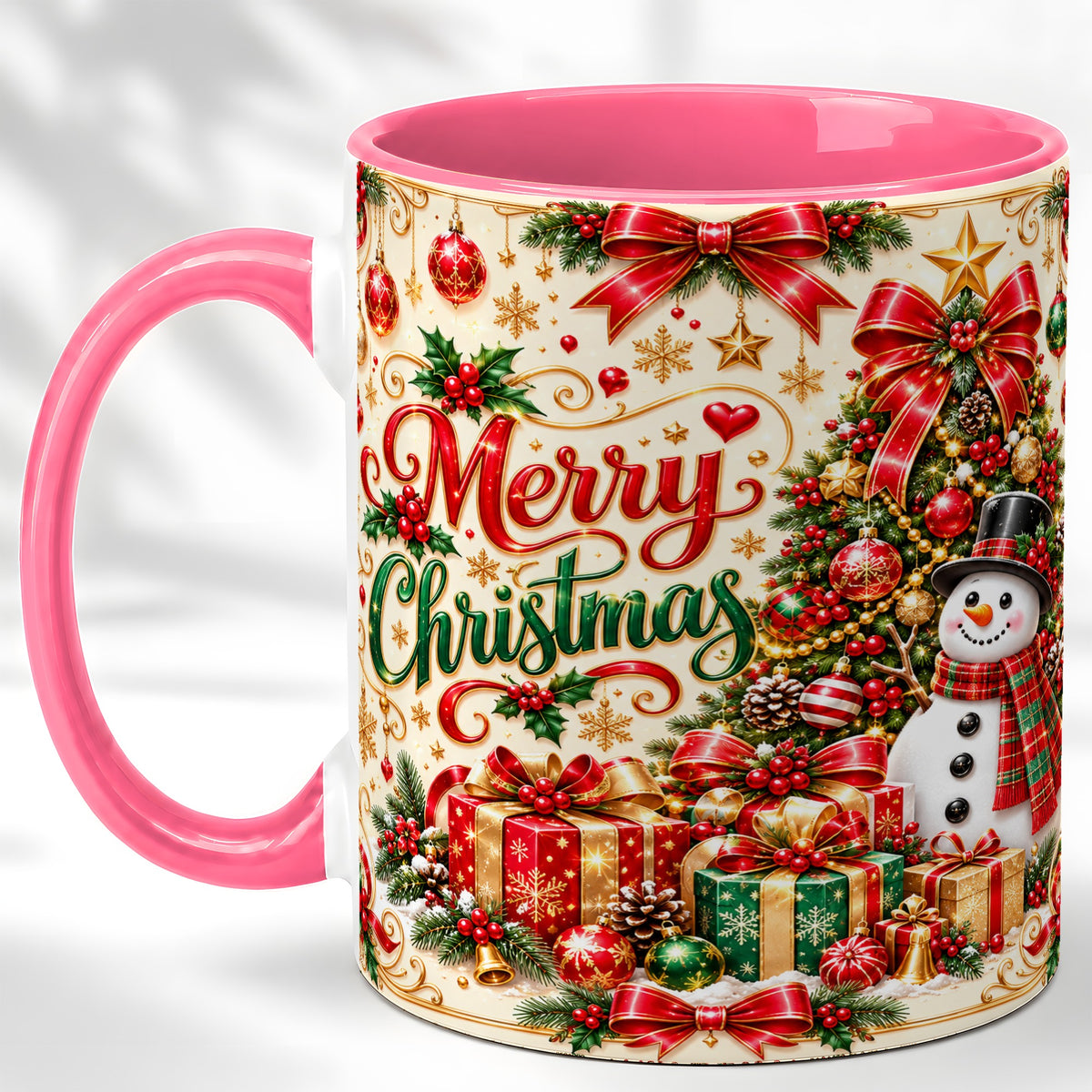 #pl[11oz|Pink] Snowman Christmas Coffee Mug, Festive Holiday Mug, Ceramic Cup