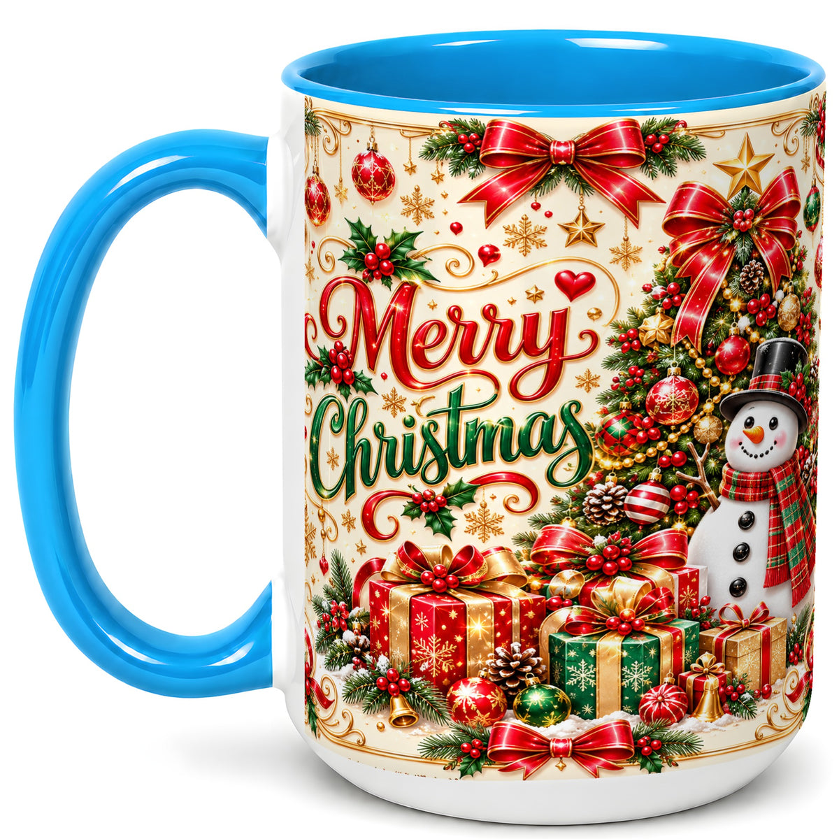#pl[15oz|Blue] Snowman Christmas Coffee Mug, Festive Holiday Mug, Ceramic Cup