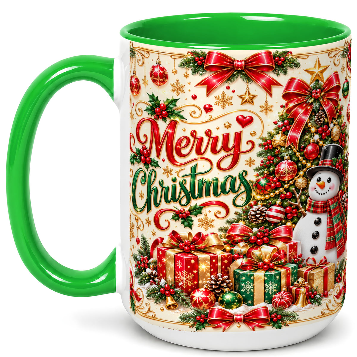 #pl[15oz|Green] Snowman Christmas Coffee Mug, Festive Holiday Mug, Ceramic Cup