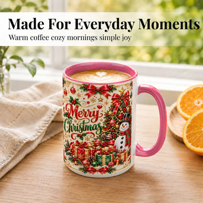 #pl[15oz|Pink] Snowman Christmas Coffee Mug, Festive Holiday Mug, Ceramic Cup