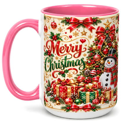 #pl[15oz|Pink] Snowman Christmas Coffee Mug, Festive Holiday Mug, Ceramic Cup