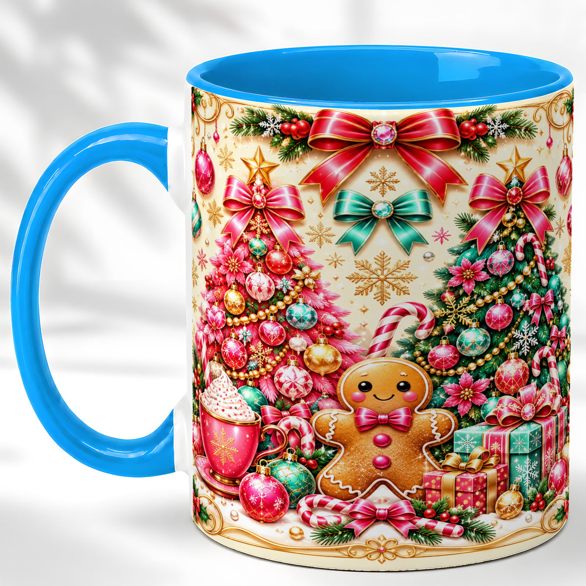 #pl[11oz|Blue] Gingerbread Christmas Coffee Mug, Candy Cane Mug, Ceramic Cup