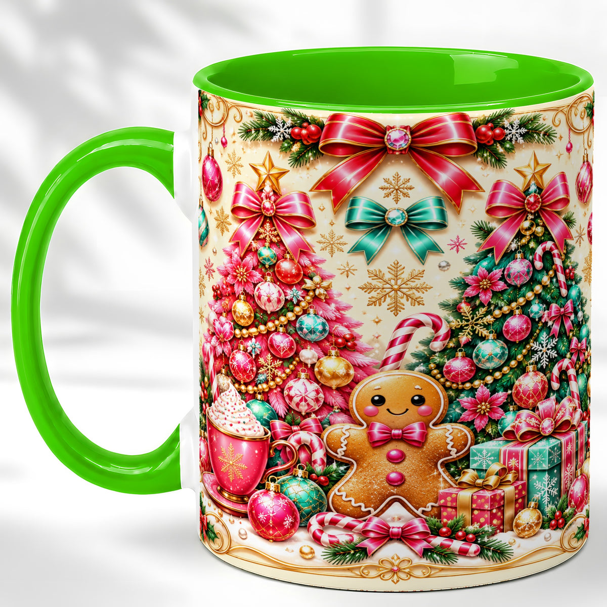 #pl[11oz|Green] Gingerbread Christmas Coffee Mug, Candy Cane Mug, Ceramic Cup