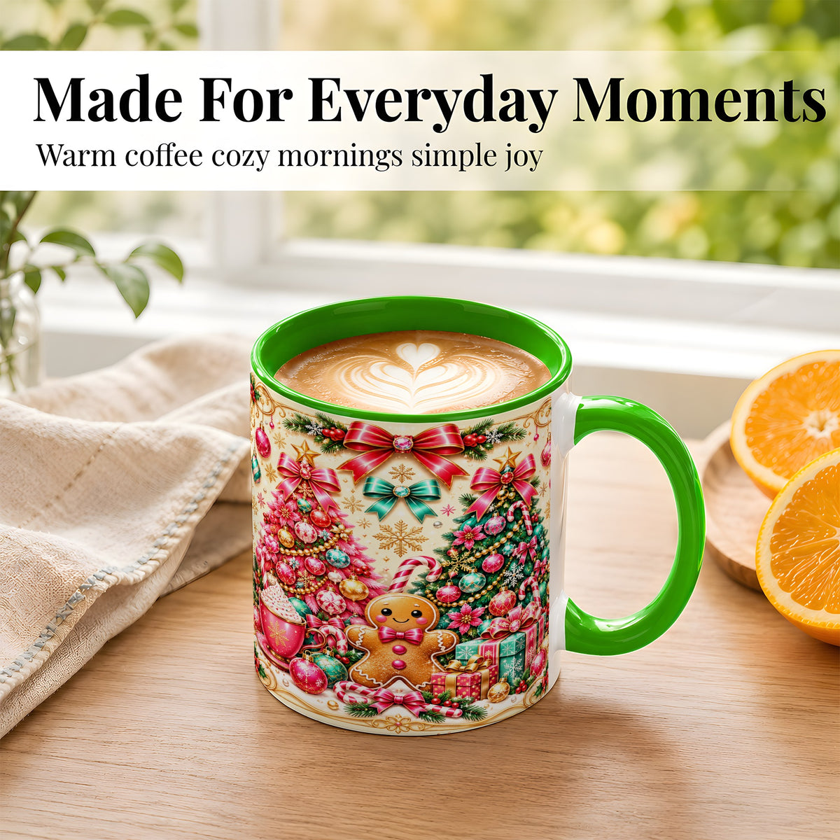 #pl[11oz|Green] Gingerbread Christmas Coffee Mug, Candy Cane Mug, Ceramic Cup