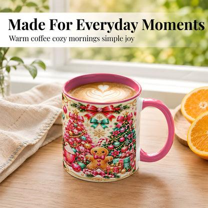 #pl[11oz|Pink] Gingerbread Christmas Coffee Mug, Candy Cane Mug, Ceramic Cup
