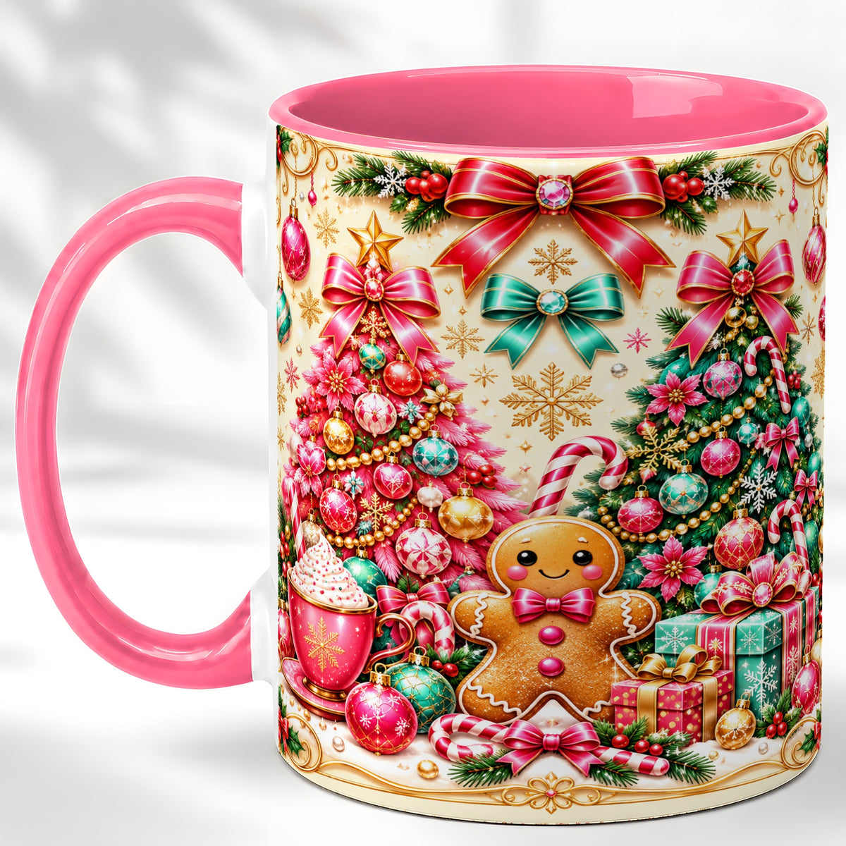 #pl[11oz|Pink] Gingerbread Christmas Coffee Mug, Candy Cane Mug, Ceramic Cup