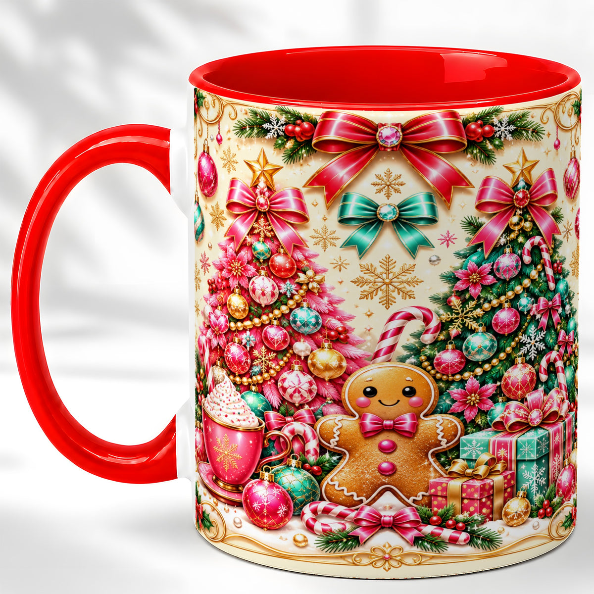Gingerbread Christmas Coffee Mug, Candy Cane Mug, Ceramic Cup