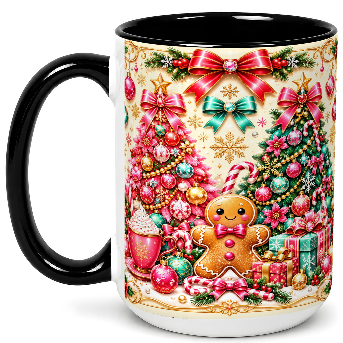 #pl[15oz|Black] Gingerbread Christmas Coffee Mug, Candy Cane Mug, Ceramic Cup