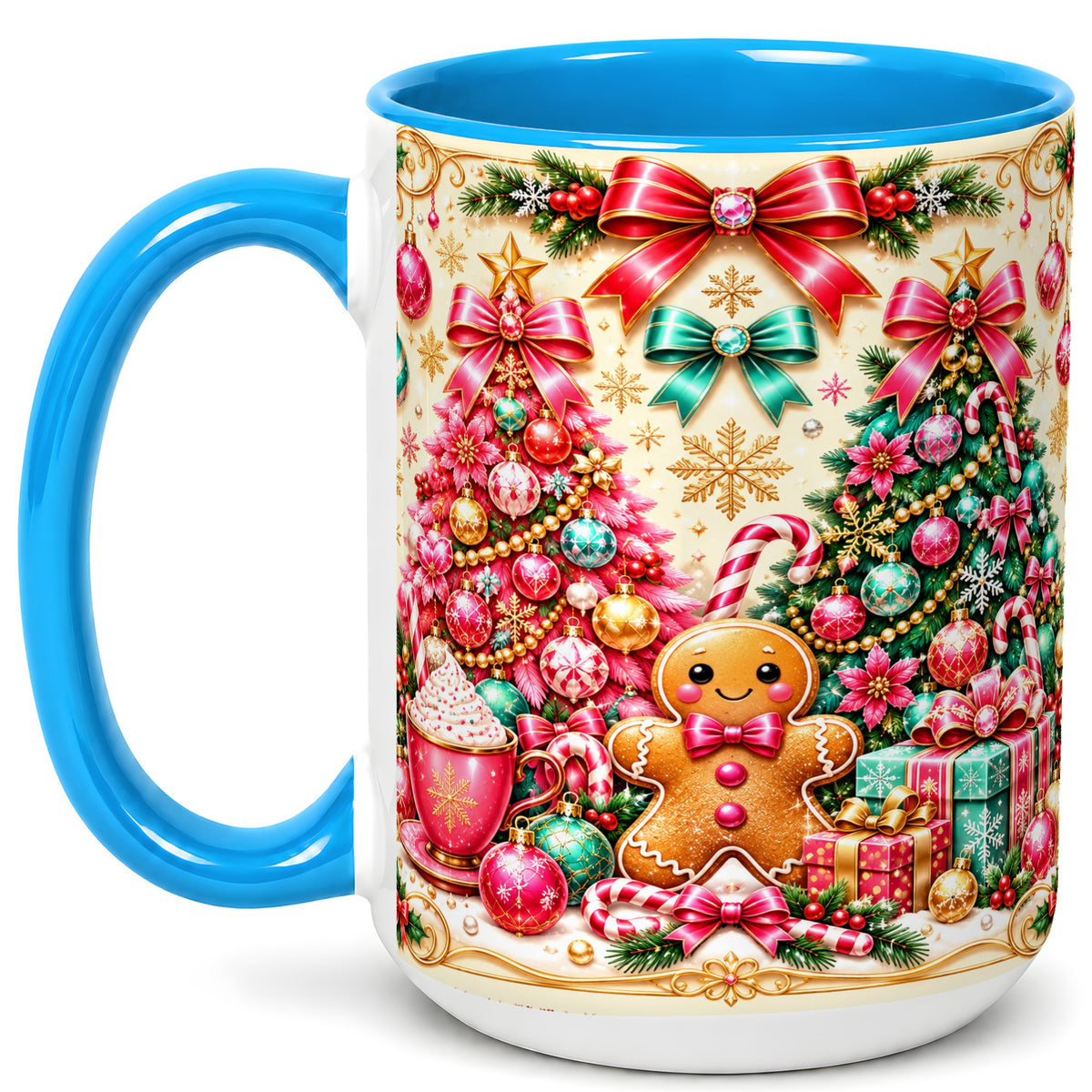 #pl[15oz|Blue] Gingerbread Christmas Coffee Mug, Candy Cane Mug, Ceramic Cup