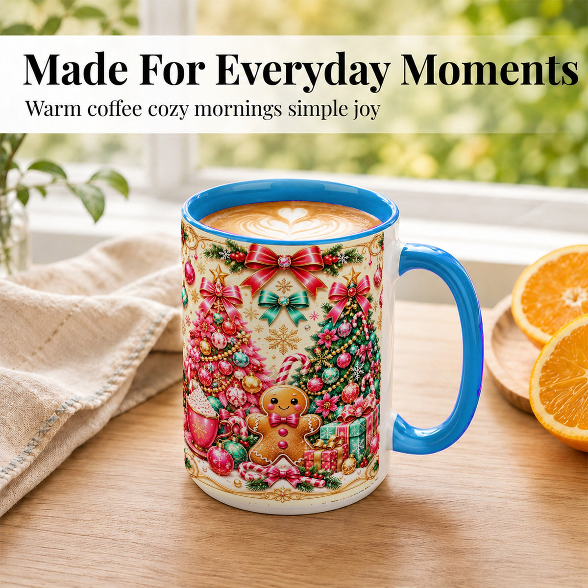 #pl[15oz|Blue] Gingerbread Christmas Coffee Mug, Candy Cane Mug, Ceramic Cup