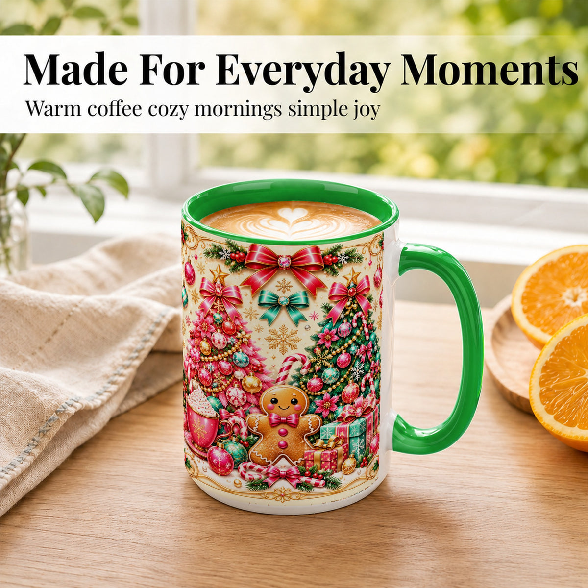 #pl[15oz|Green] Gingerbread Christmas Coffee Mug, Candy Cane Mug, Ceramic Cup