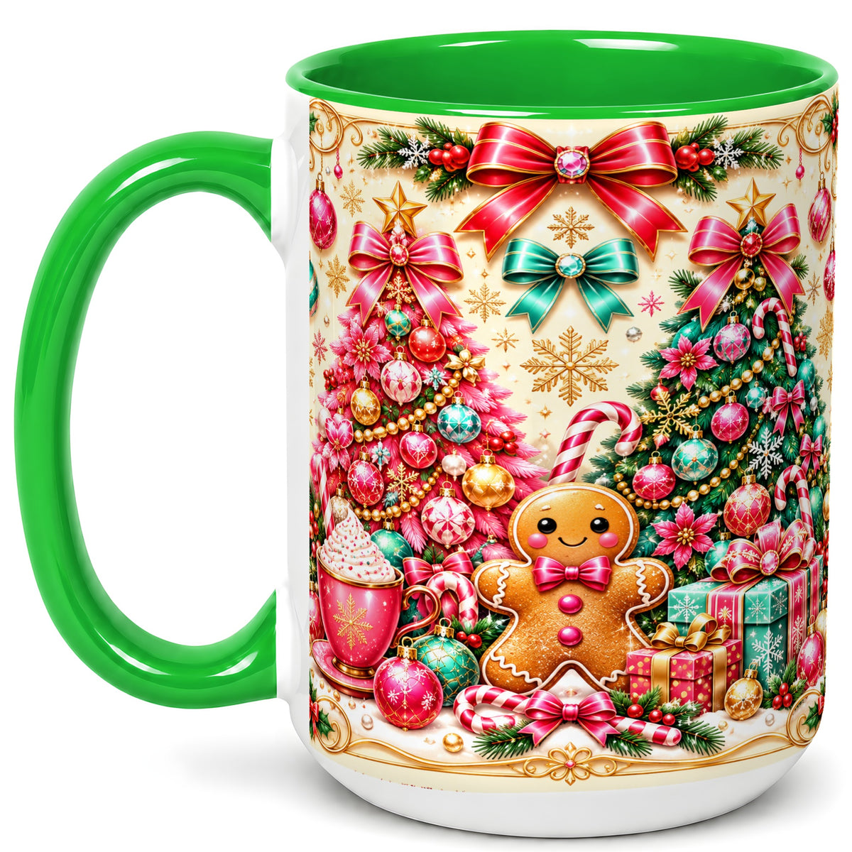 #pl[15oz|Green] Gingerbread Christmas Coffee Mug, Candy Cane Mug, Ceramic Cup