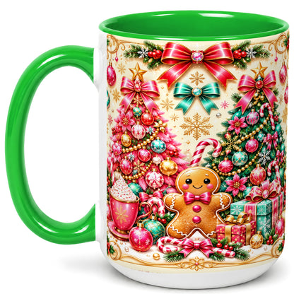 #pl[15oz|Green] Gingerbread Christmas Coffee Mug, Candy Cane Mug, Ceramic Cup