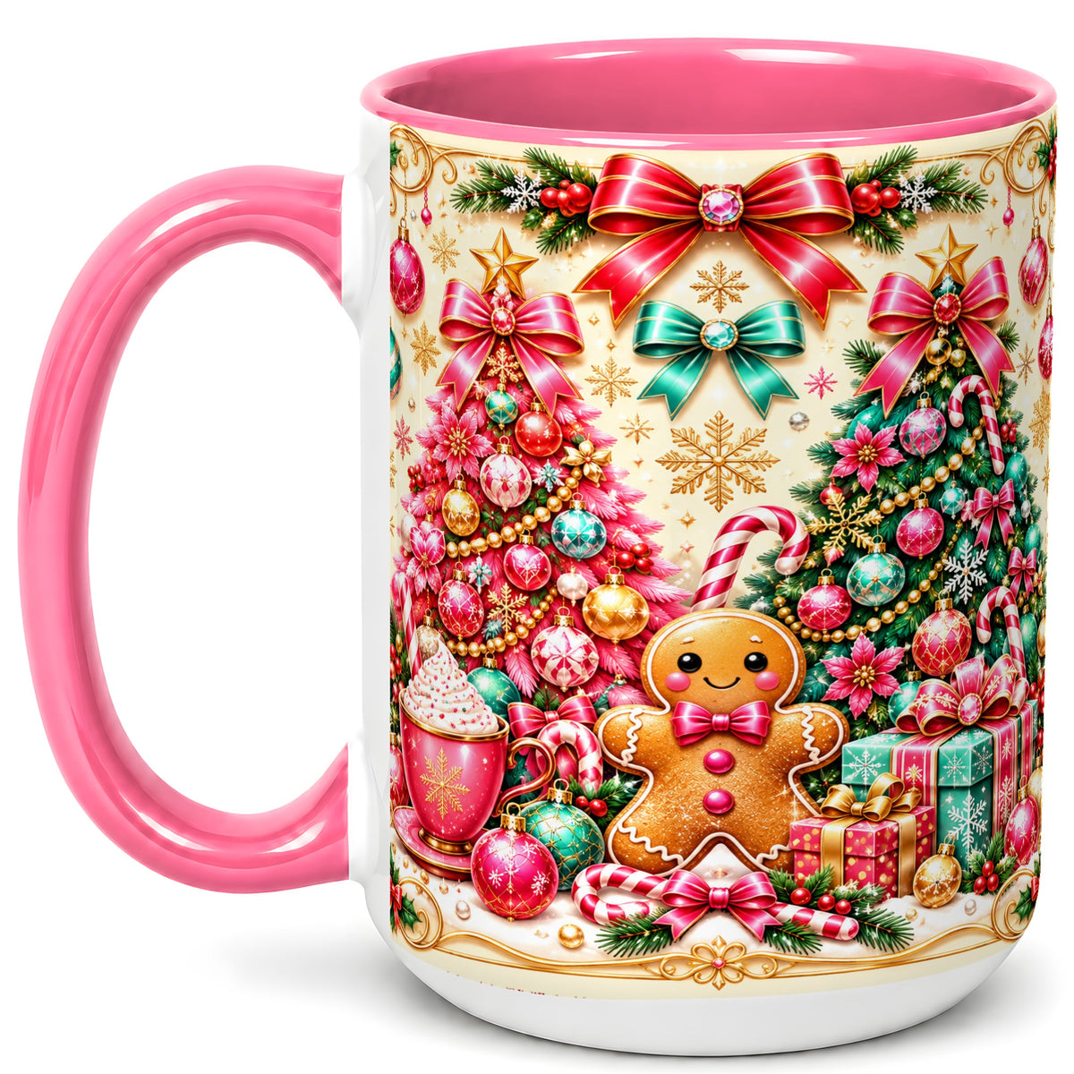 #pl[15oz|Pink] Gingerbread Christmas Coffee Mug, Candy Cane Mug, Ceramic Cup