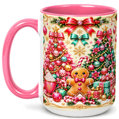 #pl[15oz|Pink] Gingerbread Christmas Coffee Mug, Candy Cane Mug, Ceramic Cup
