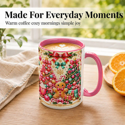 #pl[15oz|Pink] Gingerbread Christmas Coffee Mug, Candy Cane Mug, Ceramic Cup