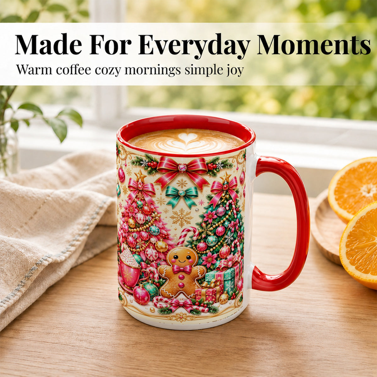 #pl[15oz|Red] Gingerbread Christmas Coffee Mug, Candy Cane Mug, Ceramic Cup
