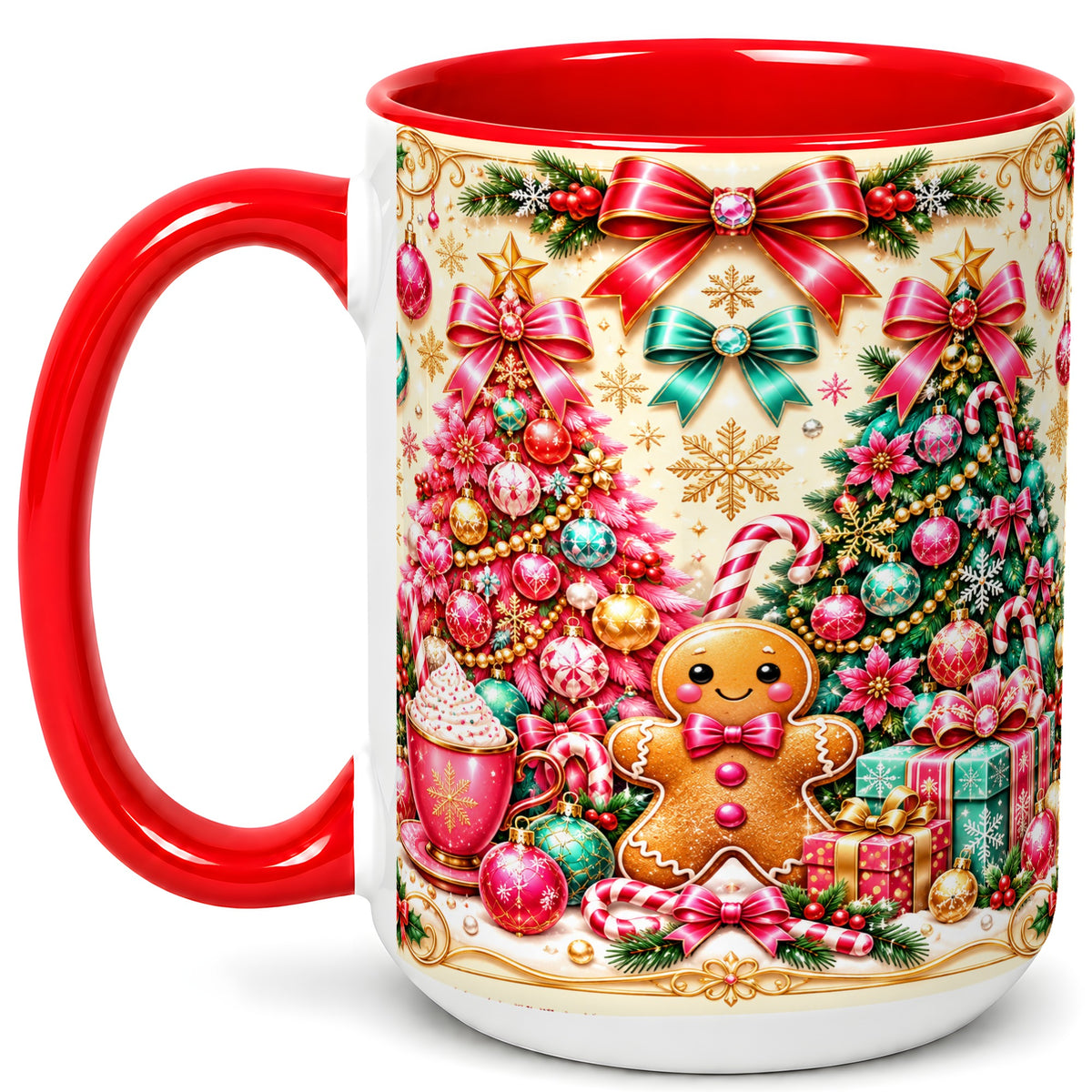 #pl[15oz|Red] Gingerbread Christmas Coffee Mug, Candy Cane Mug, Ceramic Cup