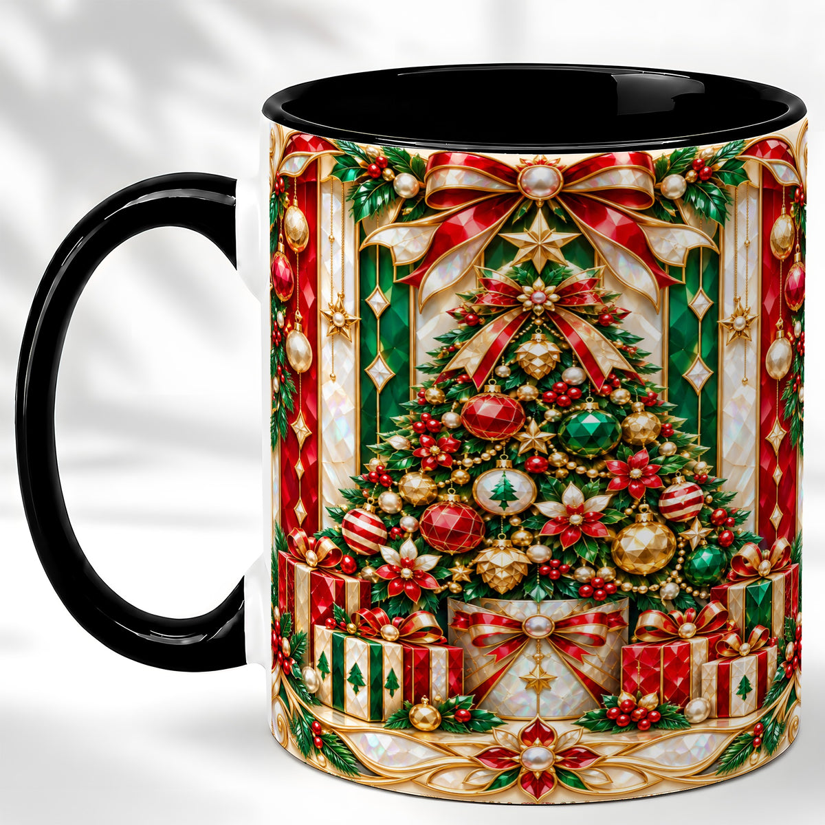 #pl[11oz|Black] Jeweled Christmas Tree Coffee Mug, Holiday Ornament Mug, Ceramic Cup