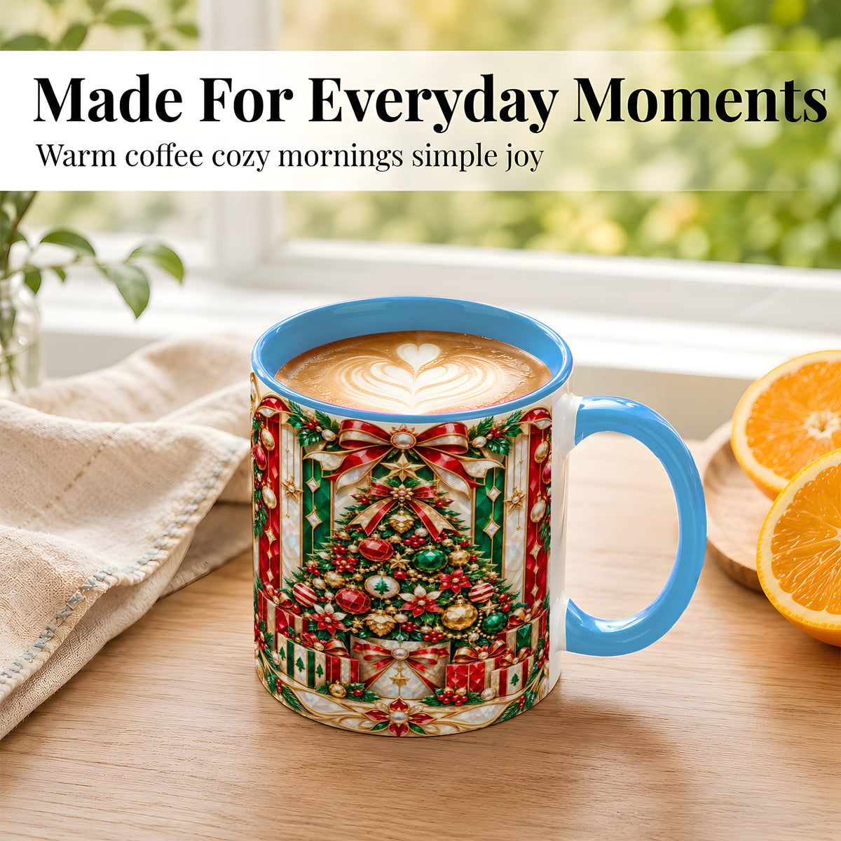 #pl[11oz|Blue] Jeweled Christmas Tree Coffee Mug, Holiday Ornament Mug, Ceramic Cup