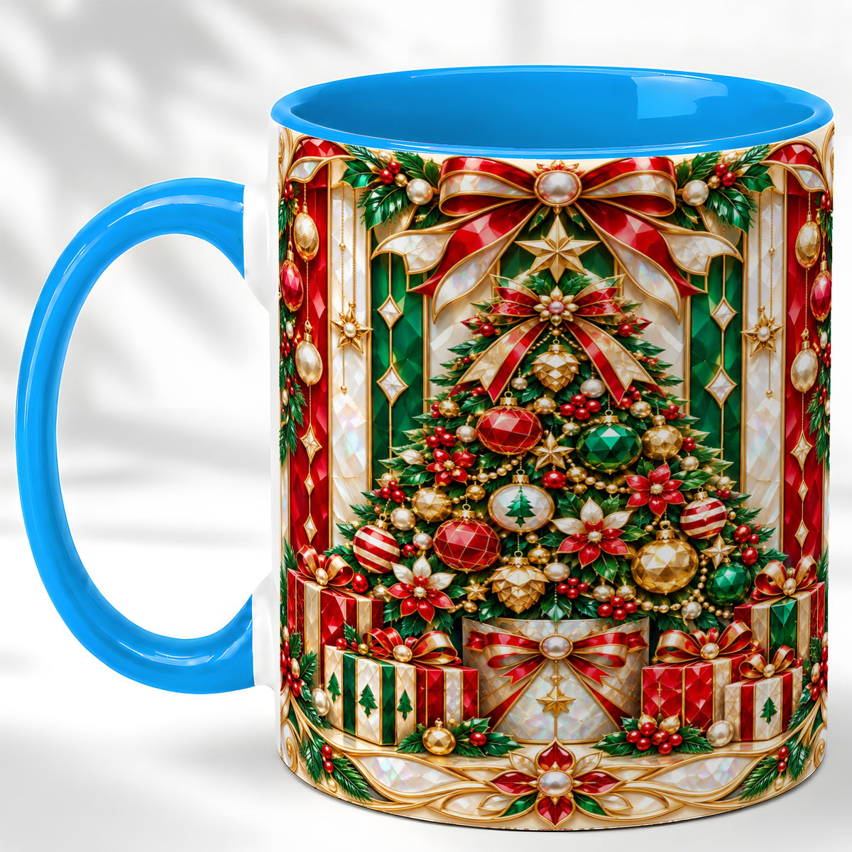 #pl[11oz|Blue] Jeweled Christmas Tree Coffee Mug, Holiday Ornament Mug, Ceramic Cup