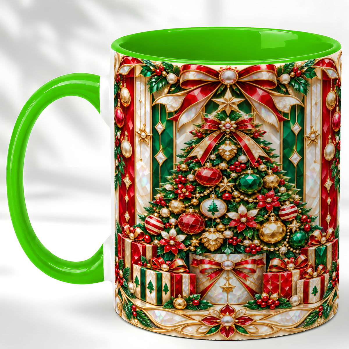 #pl[11oz|Green] Jeweled Christmas Tree Coffee Mug, Holiday Ornament Mug, Ceramic Cup